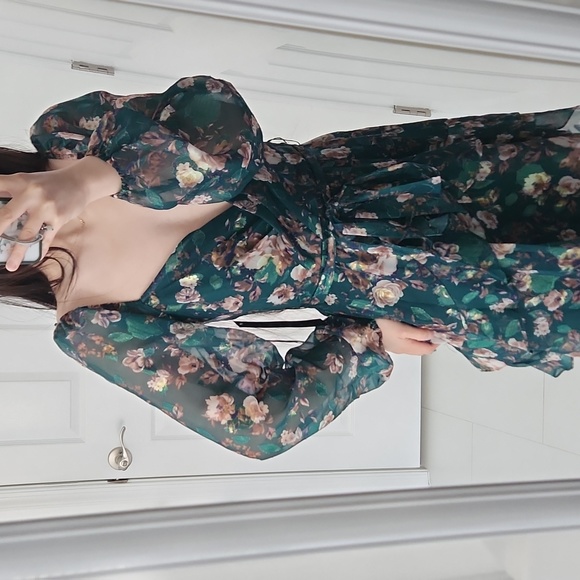 Athome - Surplice-Neck Fit & Flare Foiled Ruffle Dress, Hunter Floral, Size XS - Picture 3 of 12